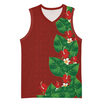 Hawaiian Taro Leaves-Hibiscus and Plumeria Basketball Jersey Polynesian Art-Kakau Tattoo Red