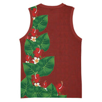 Hawaiian Taro Leaves-Hibiscus and Plumeria Basketball Jersey Polynesian Art-Kakau Tattoo Red