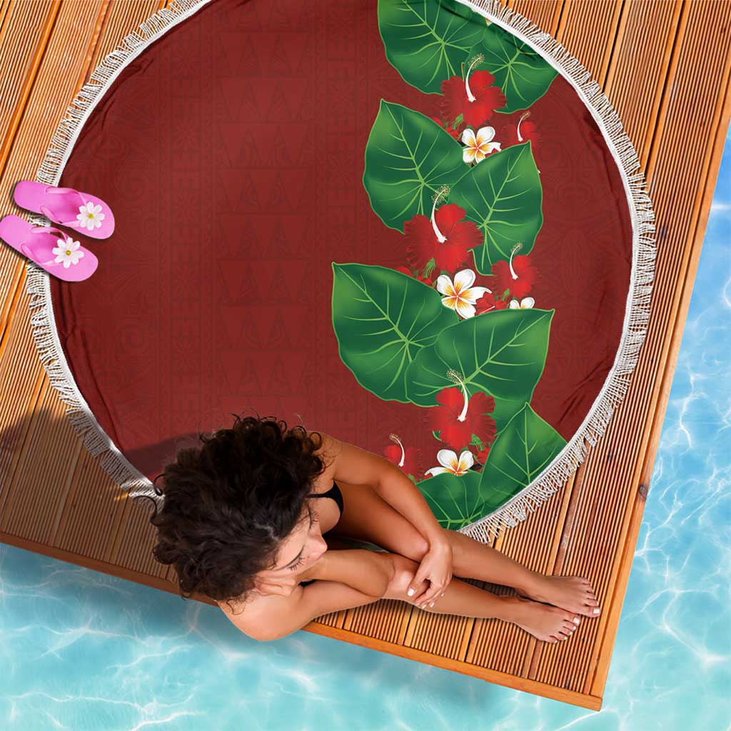Hawaiian Taro Leaves-Hibiscus and Plumeria Beach Blanket Polynesian Art-Kakau Tattoo Red LT03 - Polynesian Pride