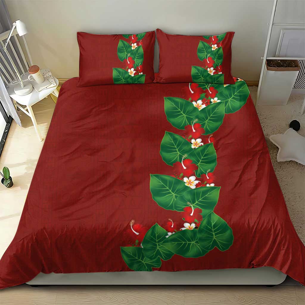 Hawaiian Taro Leaves-Hibiscus and Plumeria Bedding Set Polynesian Art-Kakau Tattoo Red LT03 - Polynesian Pride
