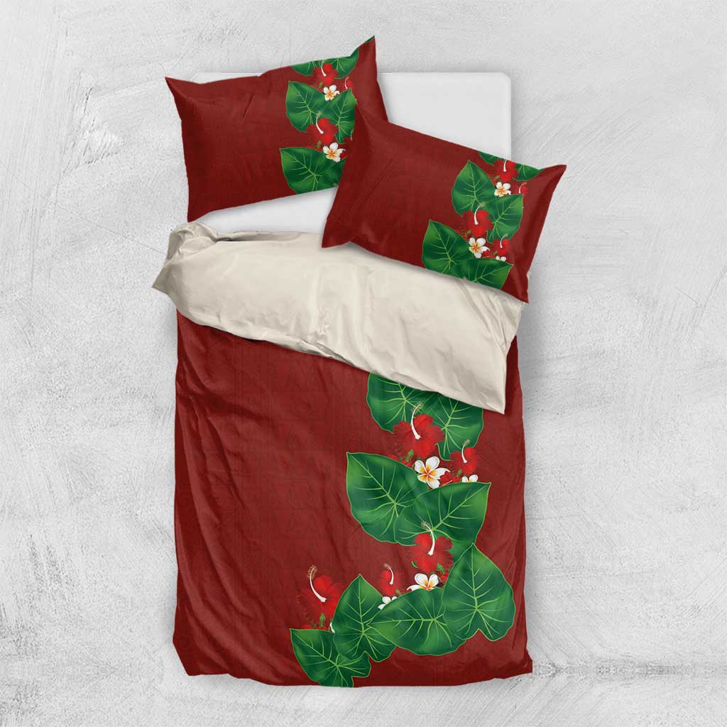 Hawaiian Taro Leaves-Hibiscus and Plumeria Bedding Set Polynesian Art-Kakau Tattoo Red LT03 US Twin 172cm x 218cm Red - Polynesian Pride