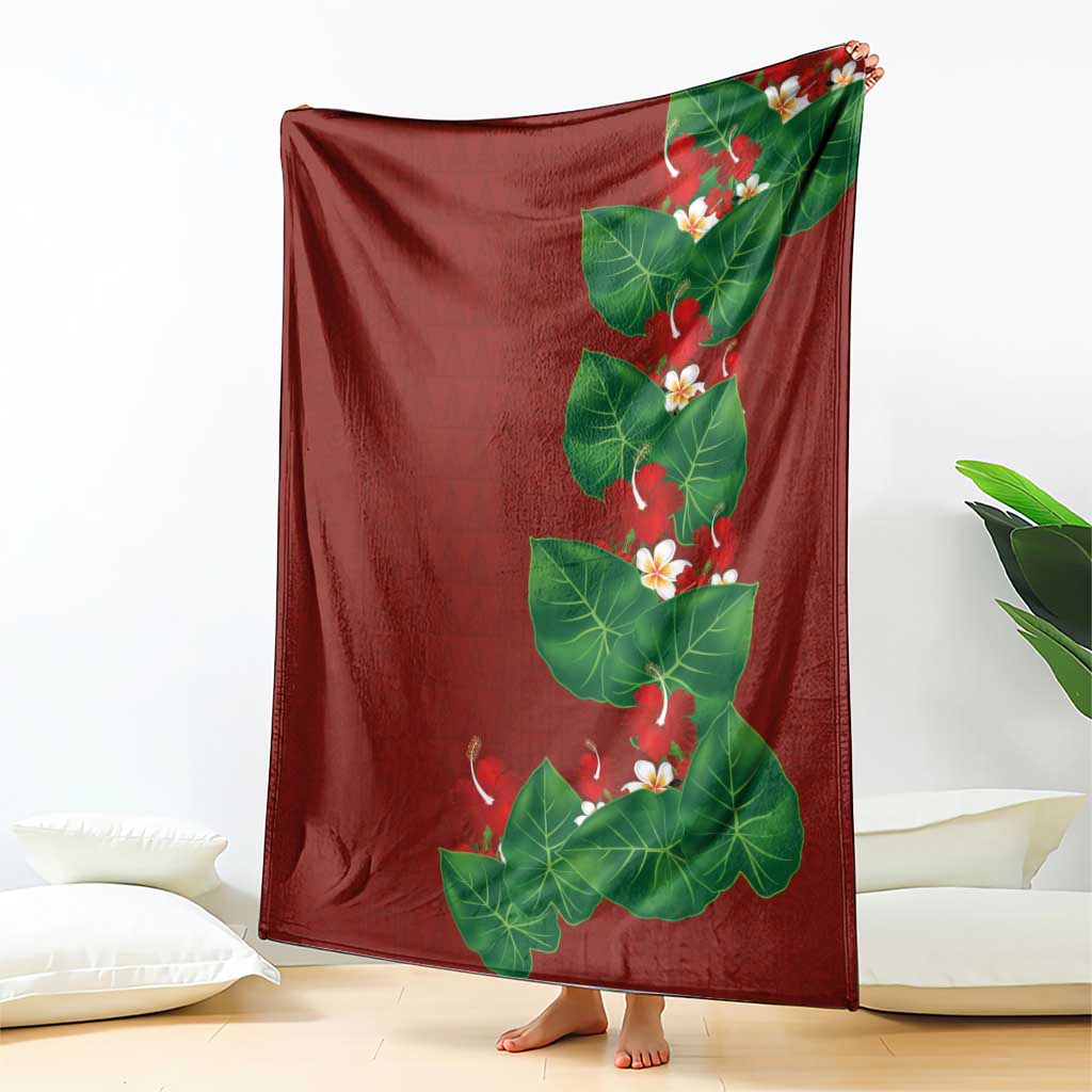 Hawaiian Taro Leaves-Hibiscus and Plumeria Blanket Polynesian Art-Kakau Tattoo Red LT03 - Polynesian Pride