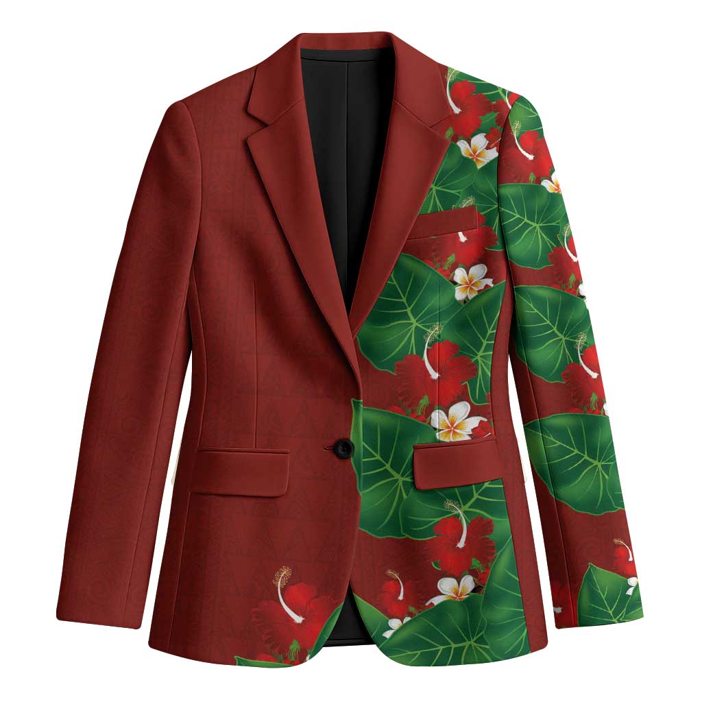 Hawaiian Taro Leaves-Hibiscus and Plumeria Blazer Polynesian Art-Kakau Tattoo Red LT03 Unisex Red - Polynesian Pride