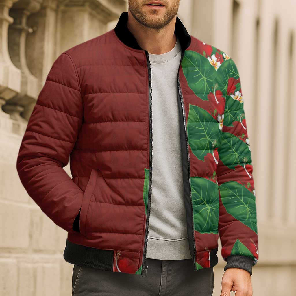 Hawaiian Taro Leaves-Hibiscus and Plumeria Bomber Puffer Jacket Polynesian Art-Kakau Tattoo Red