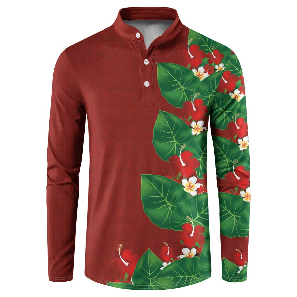 Hawaiian Taro Leaves-Hibiscus and Plumeria Button Sweatshirt Polynesian Art-Kakau Tattoo Red LT03 Red - Polynesian Pride