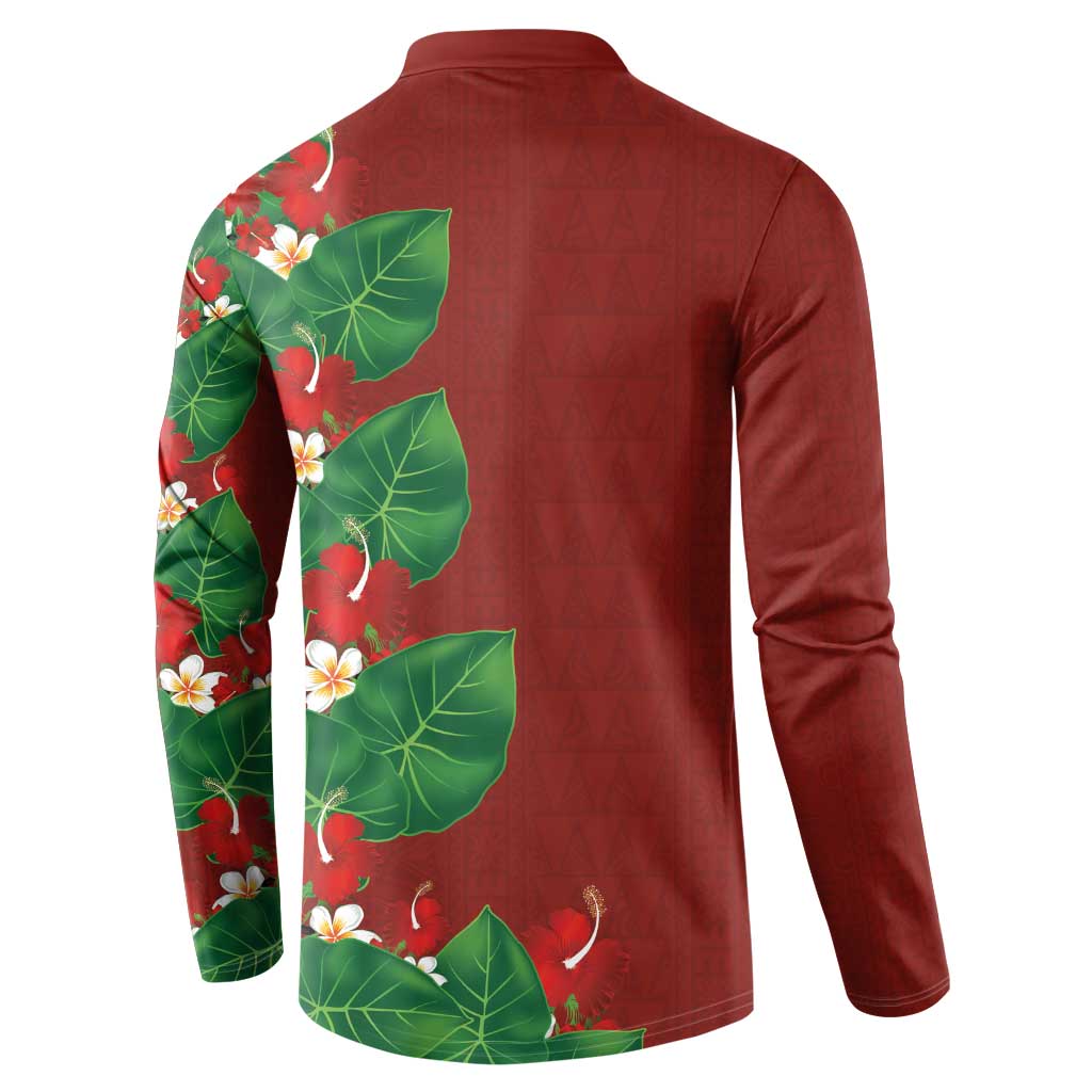Hawaiian Taro Leaves-Hibiscus and Plumeria Button Sweatshirt Polynesian Art-Kakau Tattoo Red LT03 - Polynesian Pride