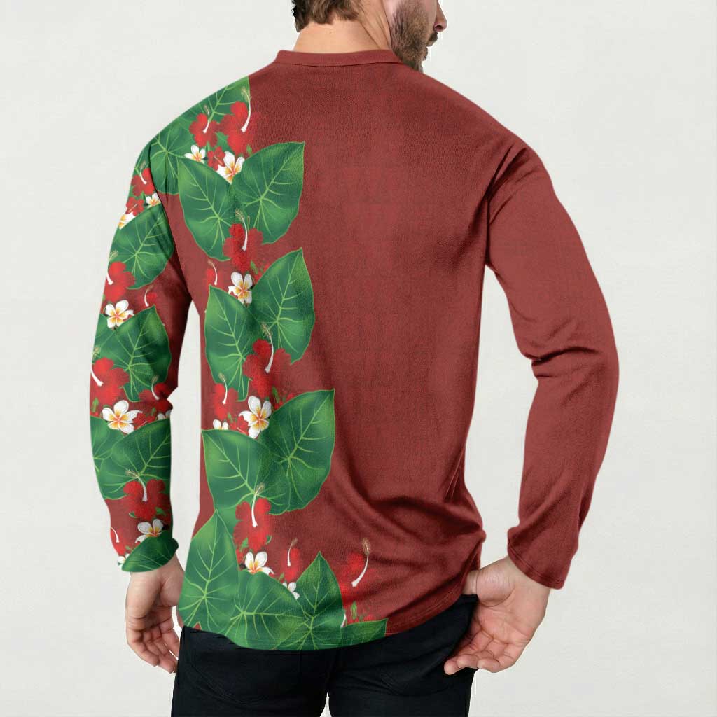 Hawaiian Taro Leaves-Hibiscus and Plumeria Button Sweatshirt Polynesian Art-Kakau Tattoo Red LT03 - Polynesian Pride