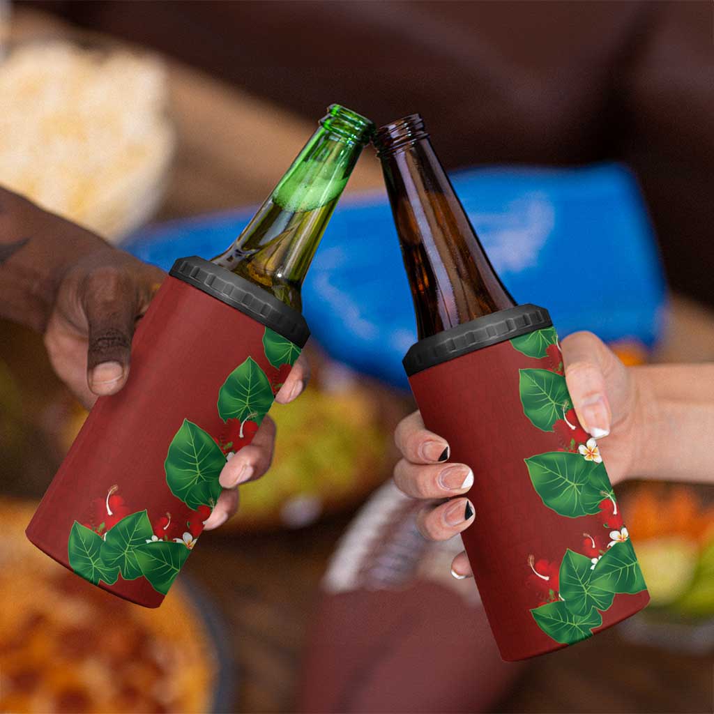 Hawaiian Taro Leaves-Hibiscus and Plumeria 4 in 1 Can Cooler Tumbler Polynesian Art-Kakau Tattoo Red