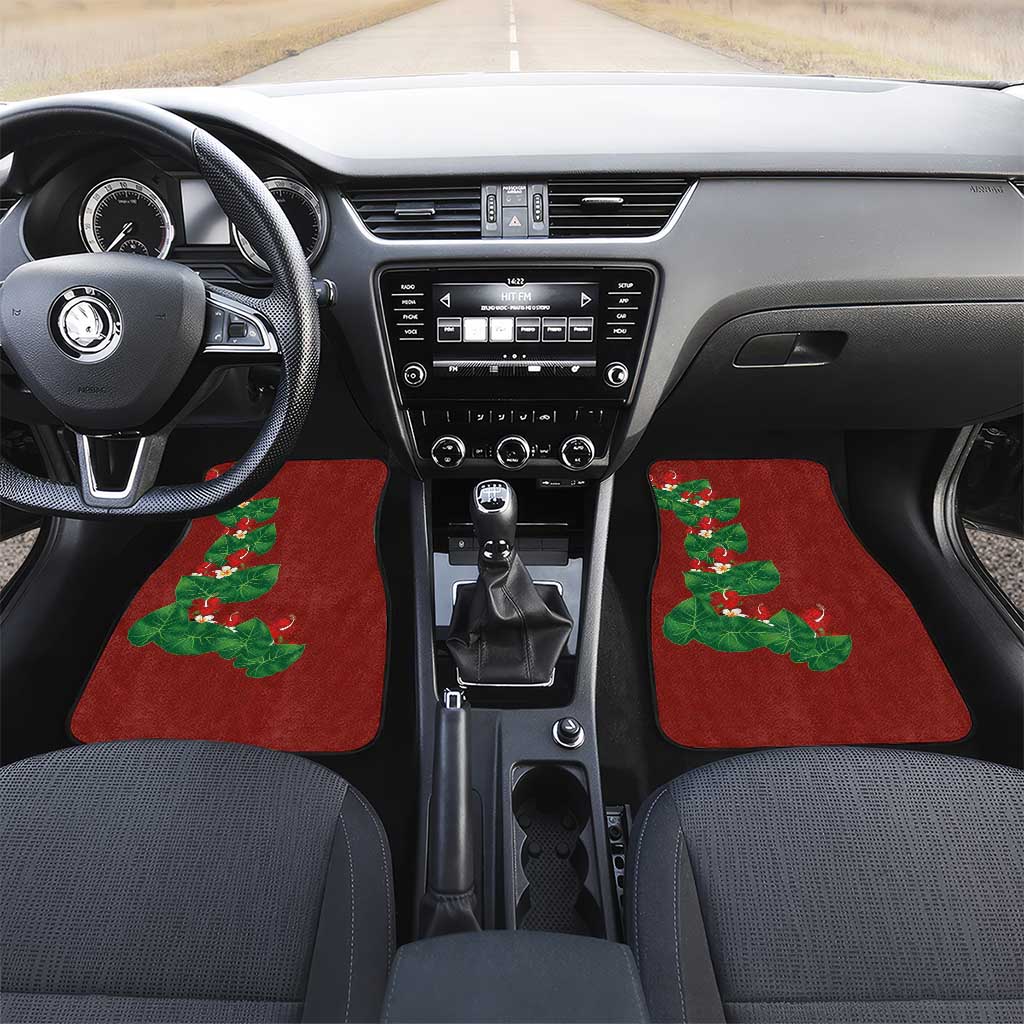 Hawaiian Taro Leaves-Hibiscus and Plumeria Car Mats Polynesian Art-Kakau Tattoo Red LT03 Set 2pcs - Front Red - Polynesian Pride