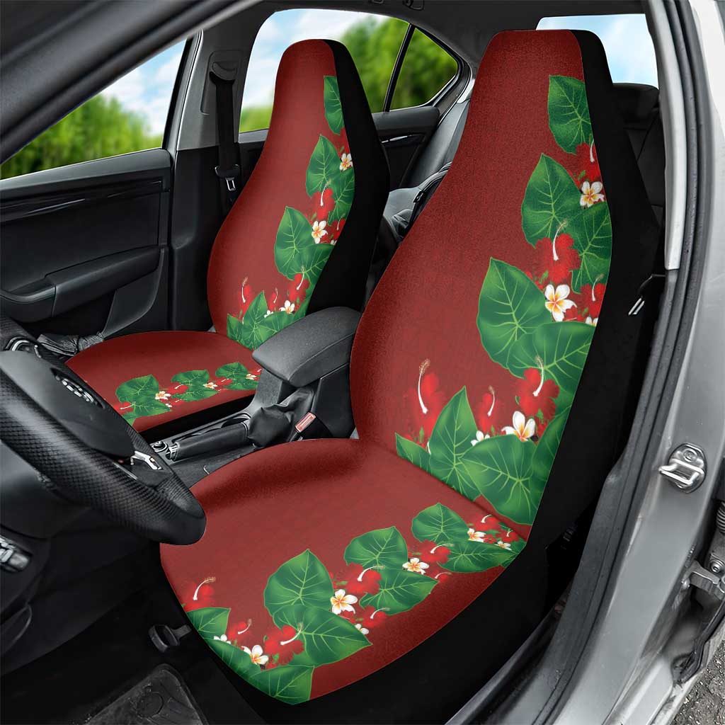 Hawaiian Taro Leaves-Hibiscus and Plumeria Car Seat Cover Polynesian Art-Kakau Tattoo Red