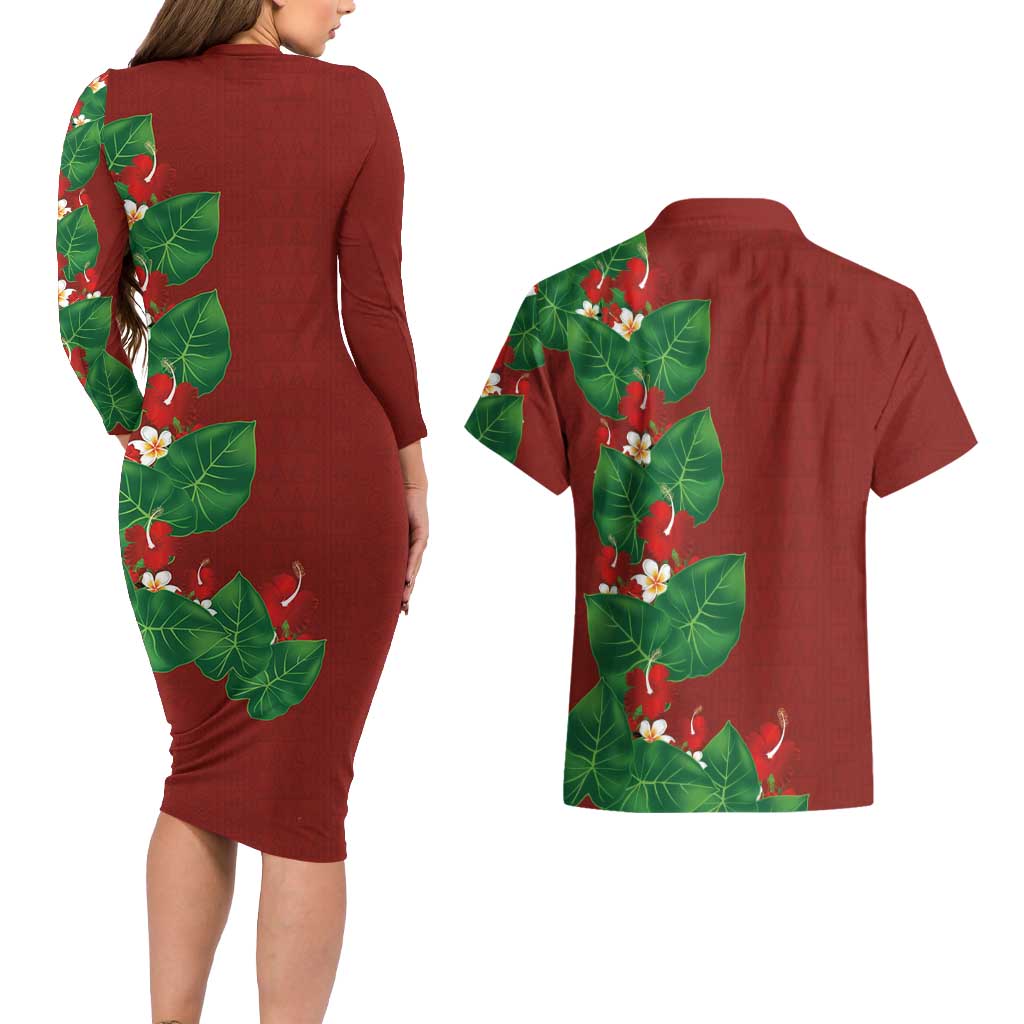 Hawaiian Taro Leaves-Hibiscus and Plumeria Couples Matching Long Sleeve Bodycon Dress and Hawaiian Shirt Polynesian Art-Kakau Tattoo Red LT03 - Polynesian Pride