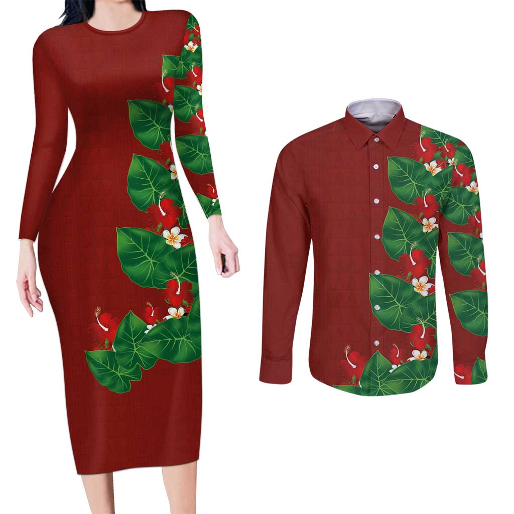 Hawaiian Taro Leaves-Hibiscus and Plumeria Couples Matching Long Sleeve Bodycon Dress and Long Sleeve Button Shirt Polynesian Art-Kakau Tattoo Red LT03 Red - Polynesian Pride