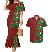Hawaiian Taro Leaves-Hibiscus and Plumeria Couples Matching Mermaid Dress and Hawaiian Shirt Polynesian Art-Kakau Tattoo Red LT03 Red - Polynesian Pride