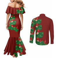Hawaiian Taro Leaves-Hibiscus and Plumeria Couples Matching Mermaid Dress and Long Sleeve Button Shirt Polynesian Art-Kakau Tattoo Red LT03 - Polynesian Pride