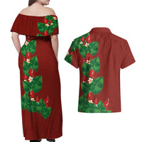 Hawaiian Taro Leaves-Hibiscus and Plumeria Couples Matching Off Shoulder Maxi Dress and Hawaiian Shirt Polynesian Art-Kakau Tattoo Red LT03 - Polynesian Pride