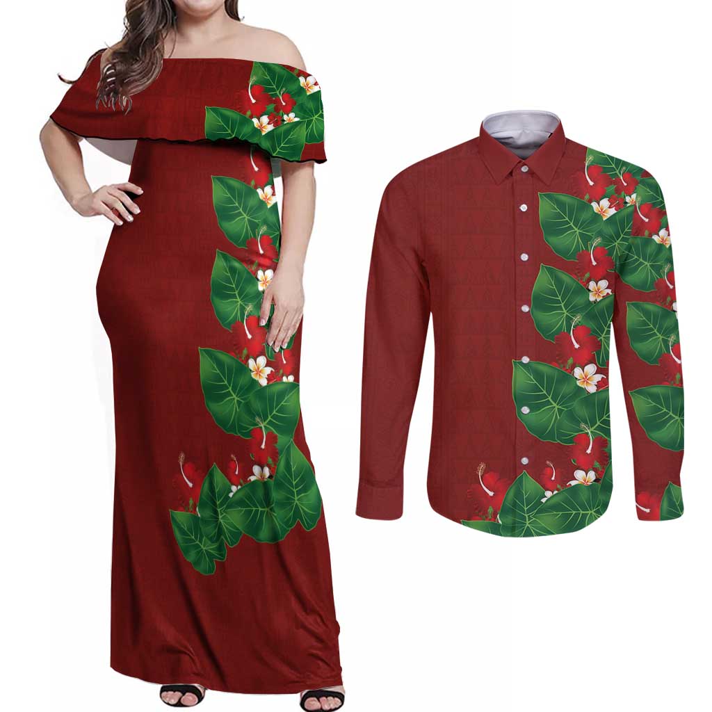 Hawaiian Taro Leaves-Hibiscus and Plumeria Couples Matching Off Shoulder Maxi Dress and Long Sleeve Button Shirt Polynesian Art-Kakau Tattoo Red LT03 Red - Polynesian Pride