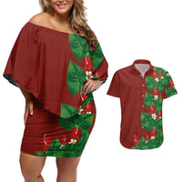 Hawaiian Taro Leaves-Hibiscus and Plumeria Couples Matching Off Shoulder Short Dress and Hawaiian Shirt Polynesian Art-Kakau Tattoo Red LT03 Red - Polynesian Pride