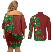 Hawaiian Taro Leaves-Hibiscus and Plumeria Couples Matching Off Shoulder Short Dress and Long Sleeve Button Shirt Polynesian Art-Kakau Tattoo Red