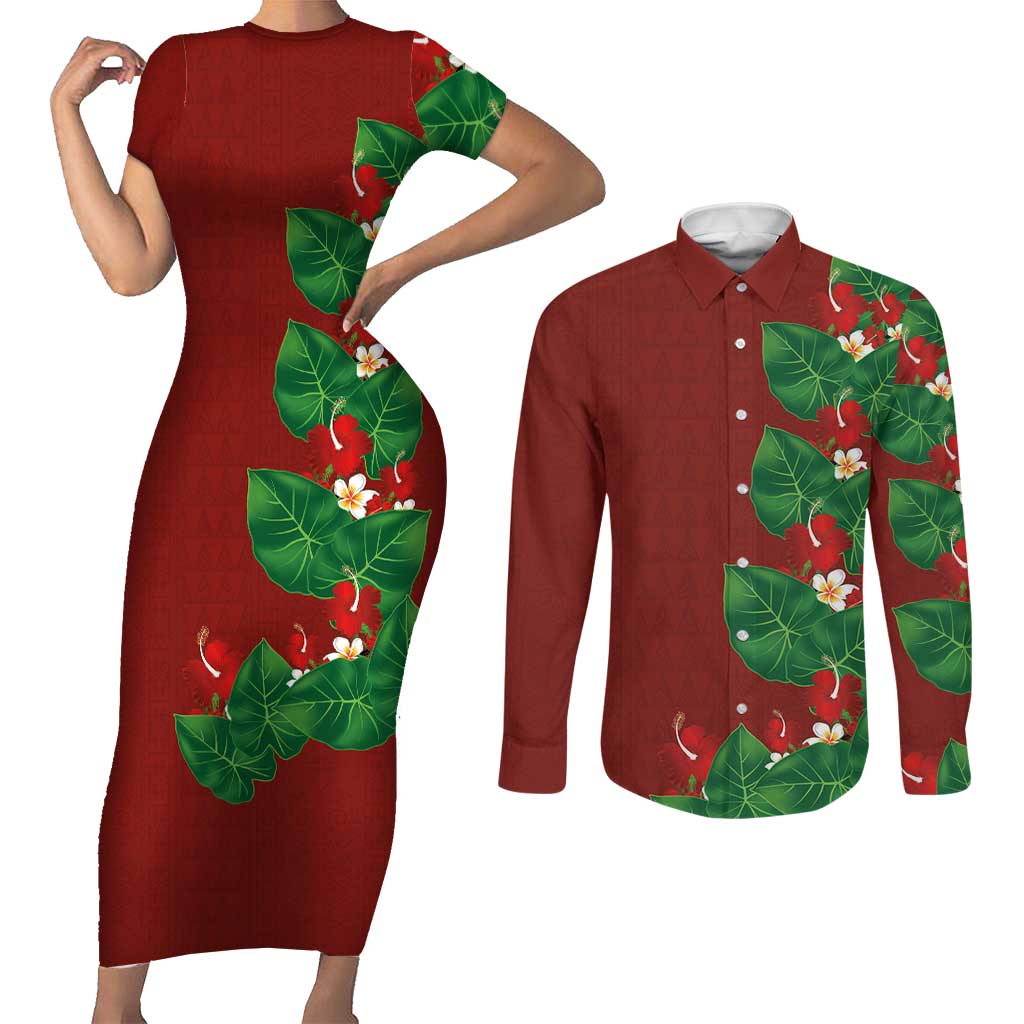 Hawaiian Taro Leaves-Hibiscus and Plumeria Couples Matching Short Sleeve Bodycon Dress and Long Sleeve Button Shirt Polynesian Art-Kakau Tattoo Red LT03 Red - Polynesian Pride