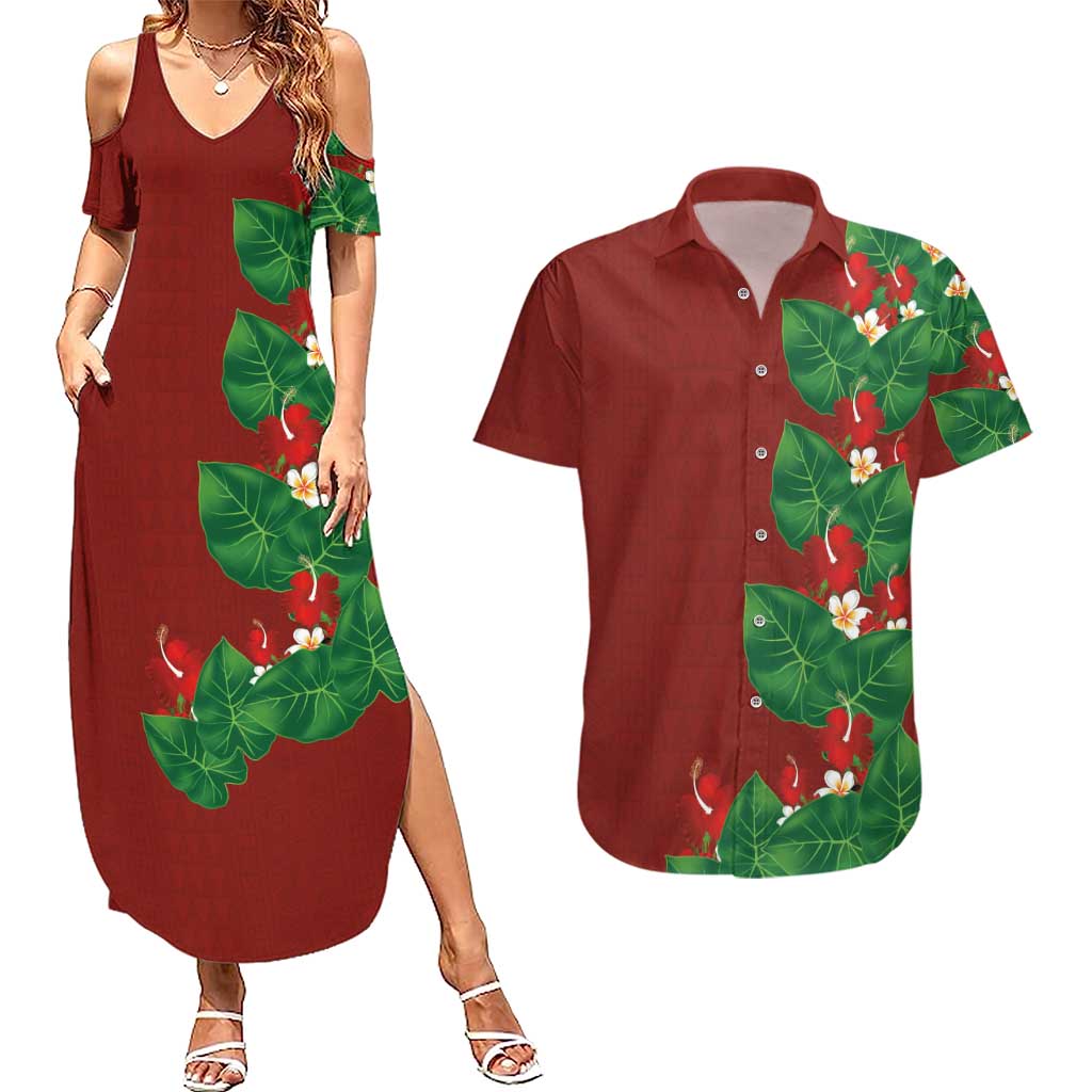 Hawaiian Taro Leaves-Hibiscus and Plumeria Couples Matching Summer Maxi Dress and Hawaiian Shirt Polynesian Art-Kakau Tattoo Red LT03 Red - Polynesian Pride