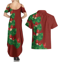 Hawaiian Taro Leaves-Hibiscus and Plumeria Couples Matching Summer Maxi Dress and Hawaiian Shirt Polynesian Art-Kakau Tattoo Red LT03 - Polynesian Pride