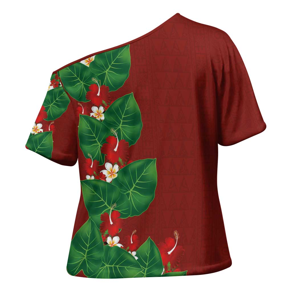 Hawaiian Taro Leaves-Hibiscus and Plumeria Cross Shoulder Shirt Polynesian Art-Kakau Tattoo Red