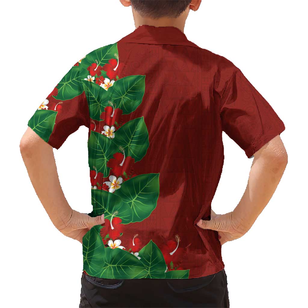 Hawaiian Taro Leaves-Hibiscus and Plumeria Family Matching Long Sleeve Bodycon Dress and Hawaiian Shirt Polynesian Art-Kakau Tattoo Red LT03 - Polynesian Pride