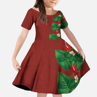 Hawaiian Taro Leaves-Hibiscus and Plumeria Family Matching Long Sleeve Bodycon Dress and Hawaiian Shirt Polynesian Art-Kakau Tattoo Red LT03 Daughter's Dress Red - Polynesian Pride