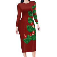 Hawaiian Taro Leaves-Hibiscus and Plumeria Family Matching Long Sleeve Bodycon Dress and Hawaiian Shirt Polynesian Art-Kakau Tattoo Red LT03 Mom's Dress Red - Polynesian Pride
