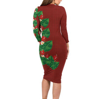 Hawaiian Taro Leaves-Hibiscus and Plumeria Family Matching Long Sleeve Bodycon Dress and Hawaiian Shirt Polynesian Art-Kakau Tattoo Red LT03 - Polynesian Pride