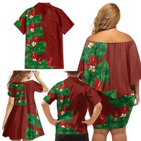 Hawaiian Taro Leaves-Hibiscus and Plumeria Family Matching Off Shoulder Short Dress and Hawaiian Shirt Polynesian Art-Kakau Tattoo Red LT03 - Polynesian Pride