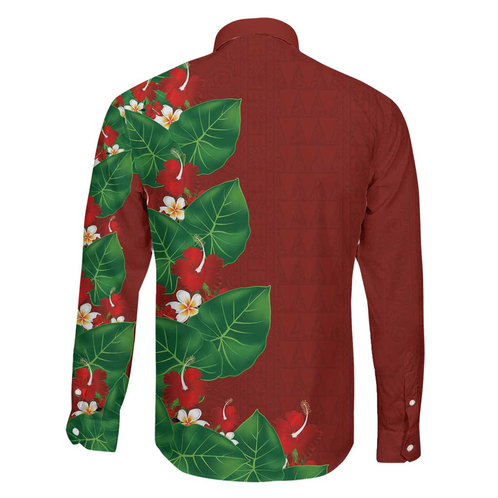 Hawaiian Taro Leaves-Hibiscus and Plumeria Family Matching Short Sleeve Bodycon Dress and Hawaiian Shirt Polynesian Art-Kakau Tattoo Red LT03 - Polynesian Pride