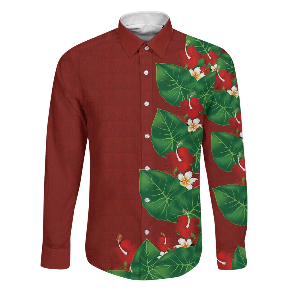 Hawaiian Taro Leaves-Hibiscus and Plumeria Family Matching Summer Maxi Dress and Hawaiian Shirt Polynesian Art-Kakau Tattoo Red LT03 Dad's Shirt - Long Sleeve Red - Polynesian Pride