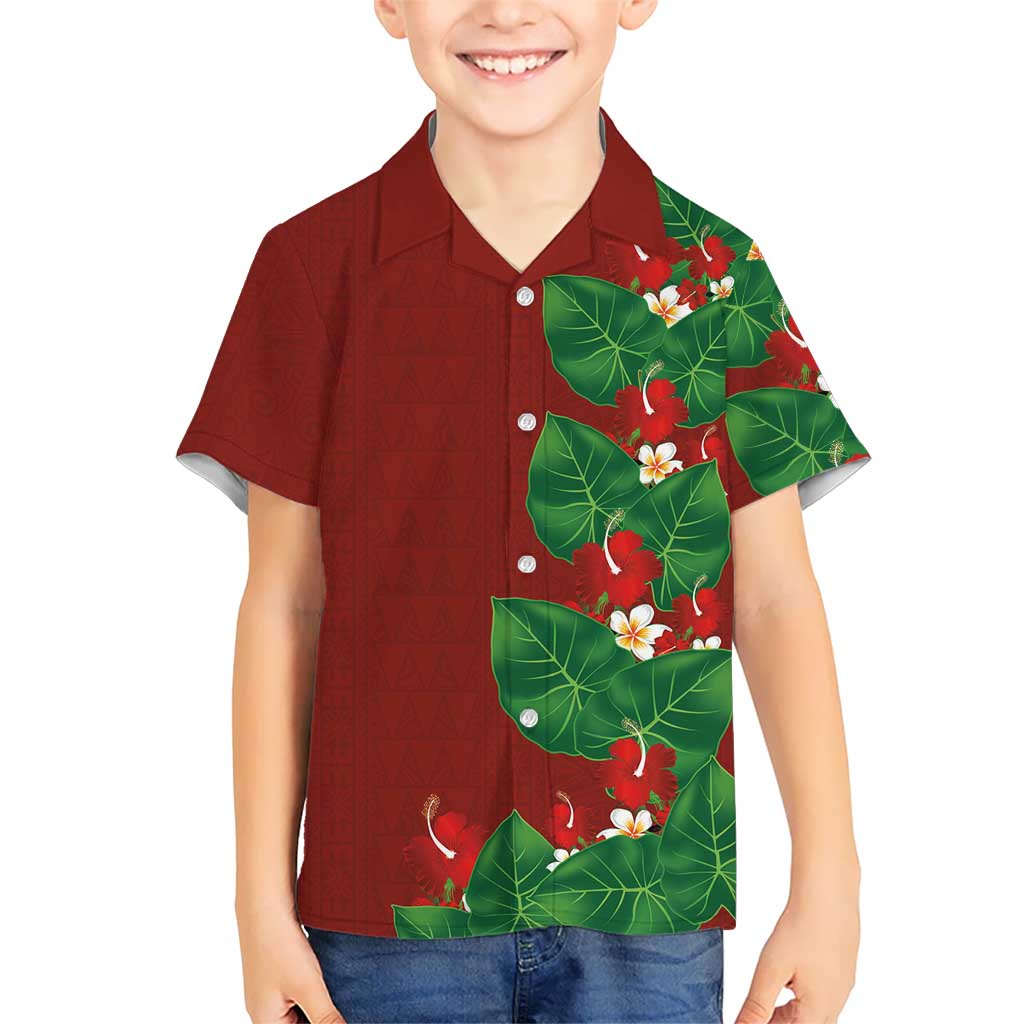 Hawaiian Taro Leaves-Hibiscus and Plumeria Family Matching Summer Maxi Dress and Hawaiian Shirt Polynesian Art-Kakau Tattoo Red LT03 Son's Shirt Red - Polynesian Pride