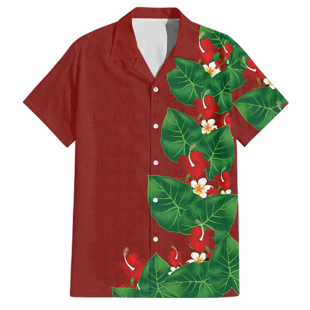 Hawaiian Taro Leaves-Hibiscus and Plumeria Family Matching Tank Maxi Dress and Hawaiian Shirt Polynesian Art-Kakau Tattoo Red LT03 Dad's Shirt - Short Sleeve Red - Polynesian Pride