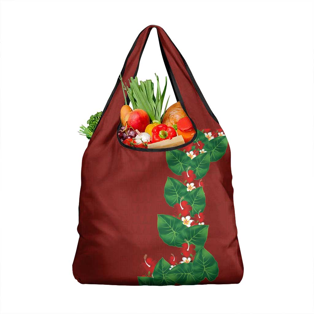 Hawaiian Taro Leaves-Hibiscus and Plumeria Grocery Bag Polynesian Art-Kakau Tattoo Red LT03 1-pack One Size Red - Polynesian Pride