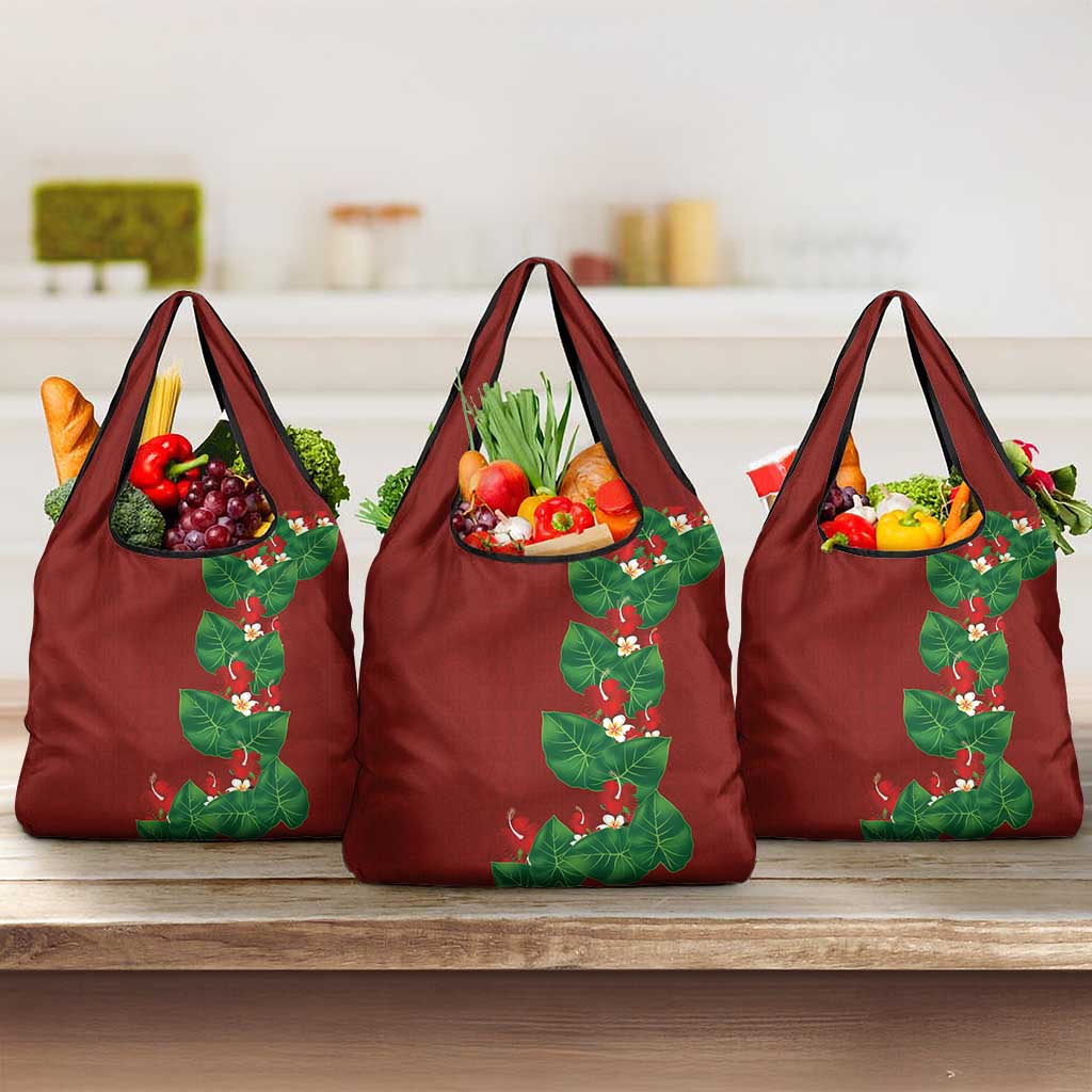 Hawaiian Taro Leaves-Hibiscus and Plumeria Grocery Bag Polynesian Art-Kakau Tattoo Red LT03 3-pack One Size Red - Polynesian Pride