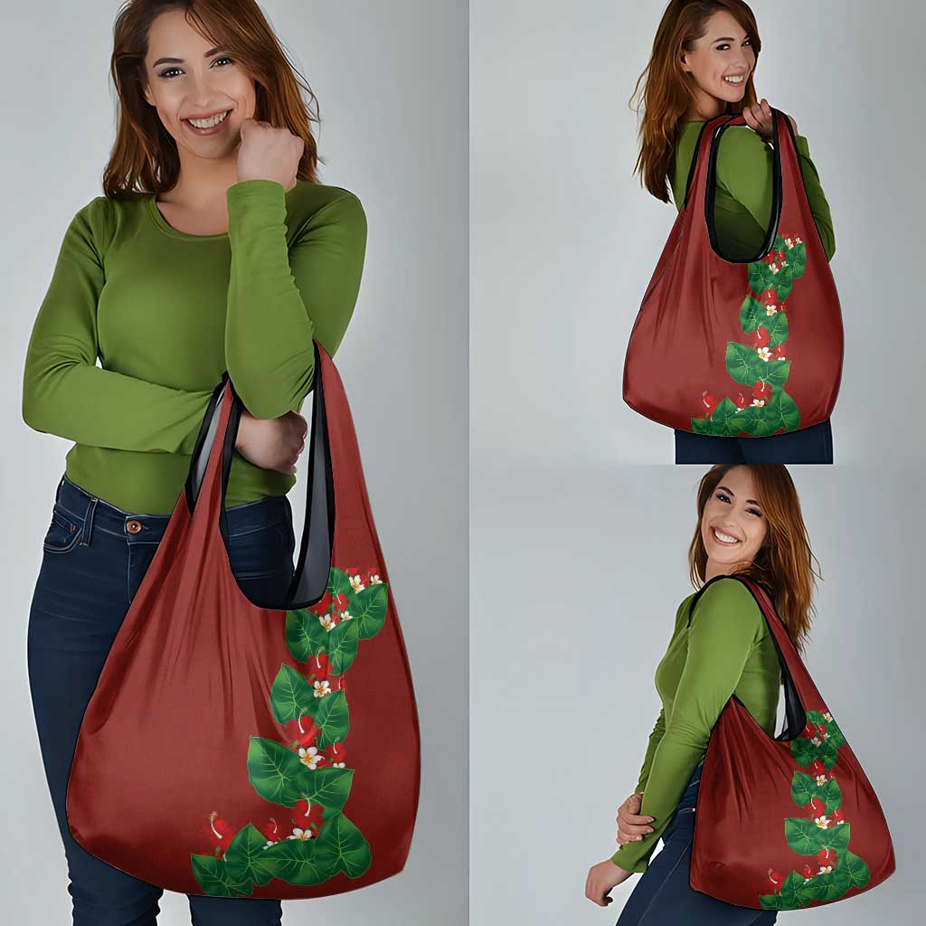 Hawaiian Taro Leaves-Hibiscus and Plumeria Grocery Bag Polynesian Art-Kakau Tattoo Red LT03 - Polynesian Pride