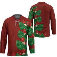 Hawaiian Taro Leaves-Hibiscus and Plumeria Hockey Jersey Polynesian Art-Kakau Tattoo Red