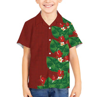 Hawaiian Taro Leaves-Hibiscus and Plumeria Kid Hawaiian Shirt Polynesian Art-Kakau Tattoo Red