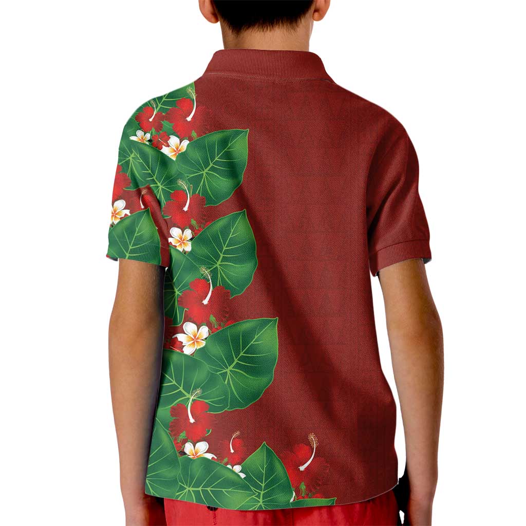 Hawaiian Taro Leaves-Hibiscus and Plumeria Kid Polo Shirt Polynesian Art-Kakau Tattoo Red