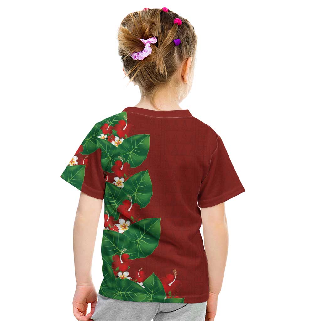 Hawaiian Taro Leaves-Hibiscus and Plumeria Kid T Shirt Polynesian Art-Kakau Tattoo Red