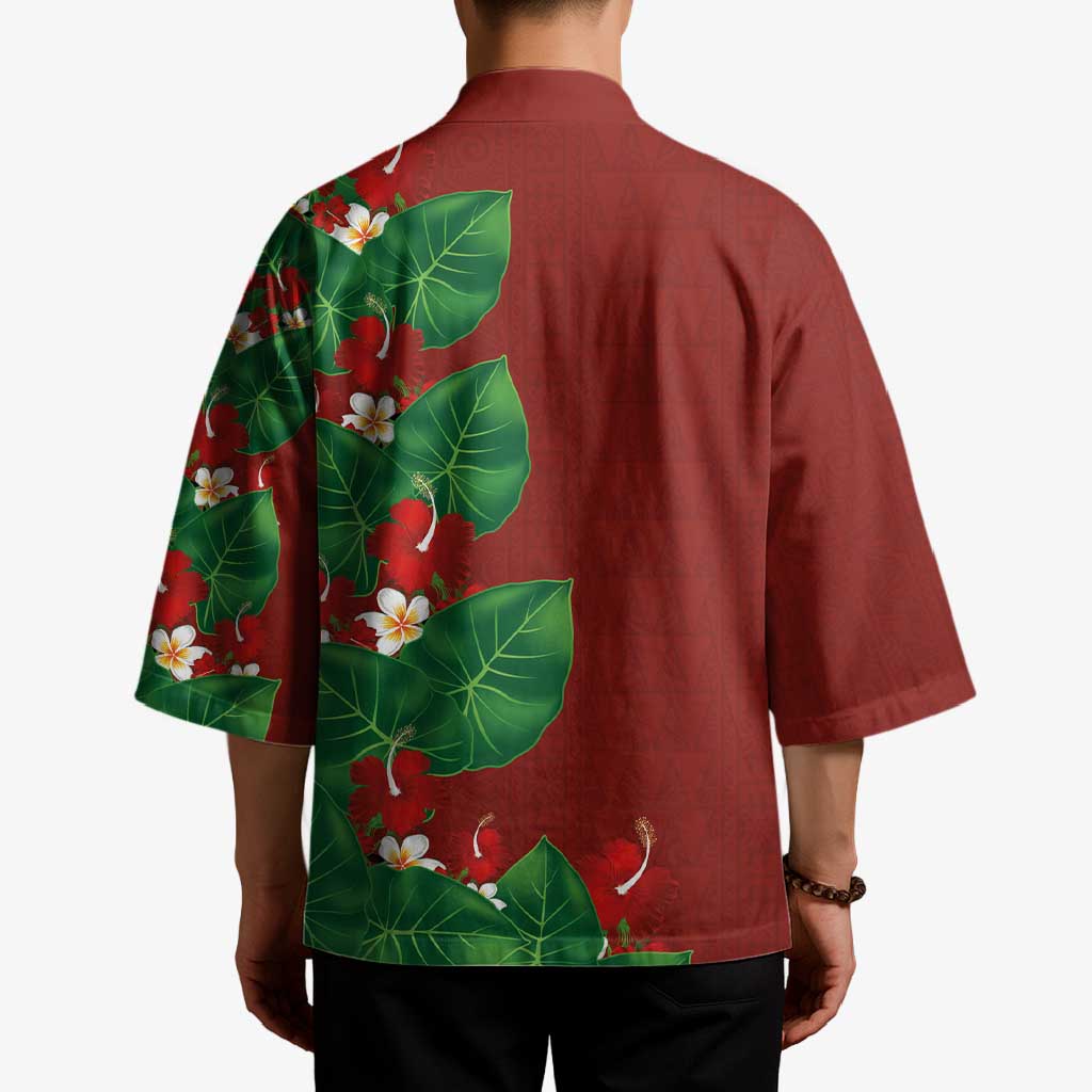 Hawaiian Taro Leaves-Hibiscus and Plumeria Kimono Polynesian Art-Kakau Tattoo Red LT03 - Polynesian Pride