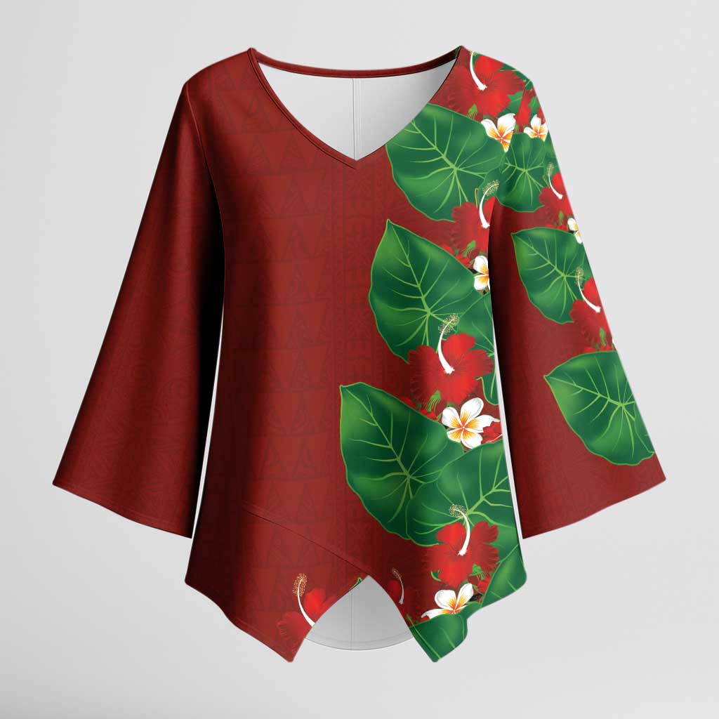 Hawaiian Taro Leaves-Hibiscus and Plumeria Kimono Sleeve Blouse Polynesian Art-Kakau Tattoo Red LT03 Female Red - Polynesian Pride