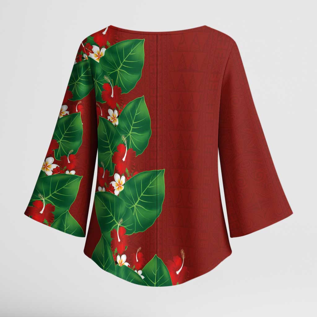 Hawaiian Taro Leaves-Hibiscus and Plumeria Kimono Sleeve Blouse Polynesian Art-Kakau Tattoo Red LT03 - Polynesian Pride