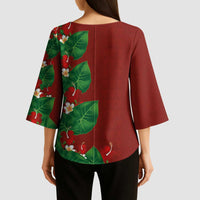 Hawaiian Taro Leaves-Hibiscus and Plumeria Kimono Sleeve Blouse Polynesian Art-Kakau Tattoo Red LT03 - Polynesian Pride