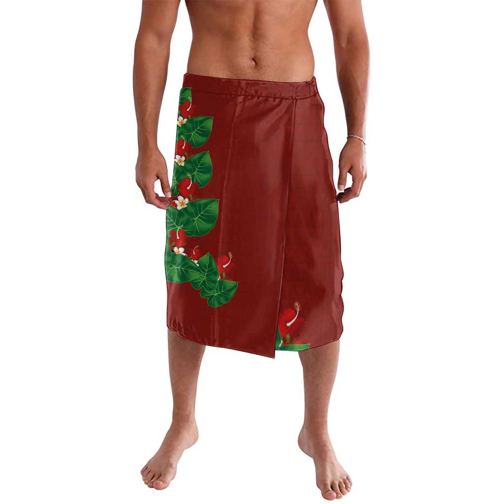 Hawaiian Taro Leaves-Hibiscus and Plumeria Lavalava Polynesian Art-Kakau Tattoo Red