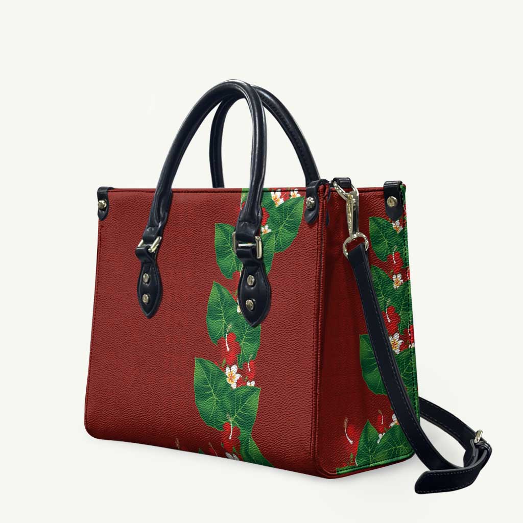 Hawaiian Taro Leaves-Hibiscus and Plumeria Leather Bag Polynesian Art-Kakau Tattoo Red LT03 Red - Polynesian Pride