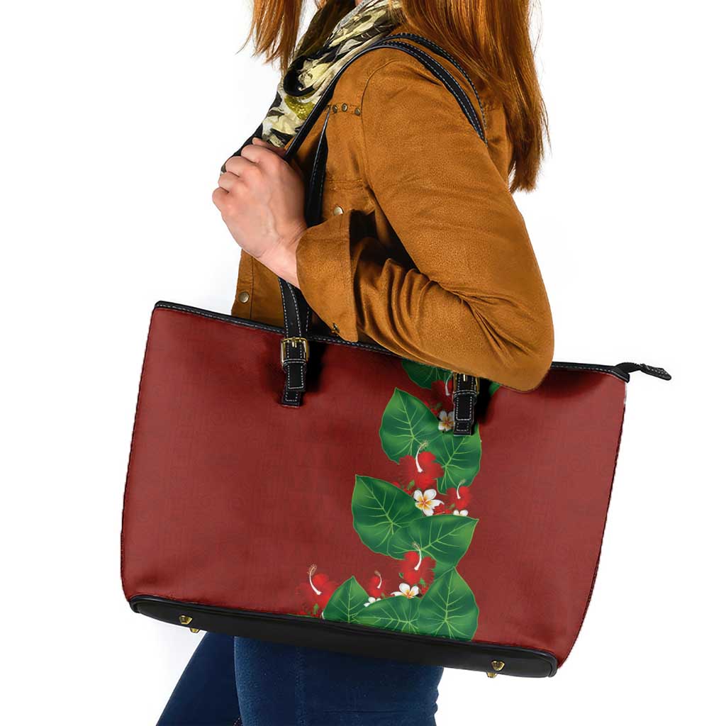Hawaiian Taro Leaves-Hibiscus and Plumeria Leather Tote Bag Polynesian Art-Kakau Tattoo Red LT03 Red - Polynesian Pride