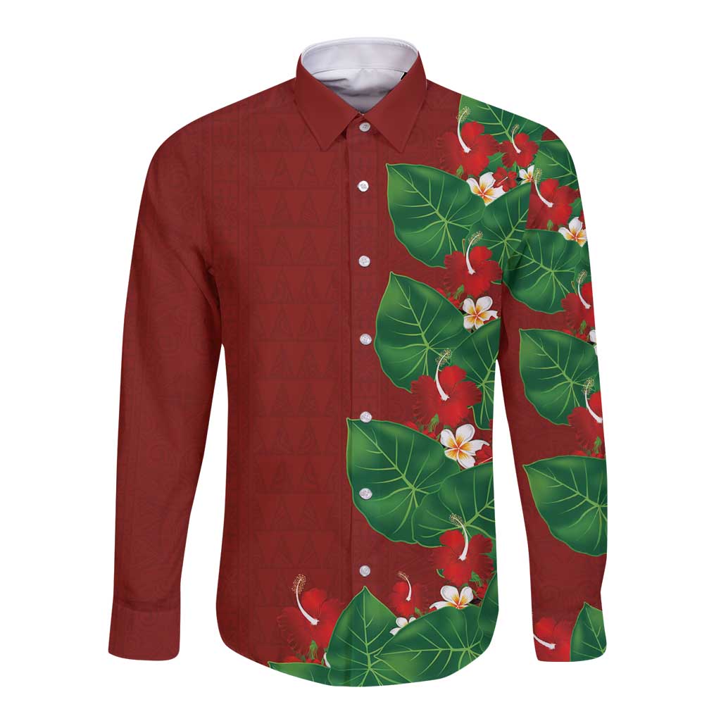 Hawaiian Taro Leaves-Hibiscus and Plumeria Long Sleeve Button Shirt Polynesian Art-Kakau Tattoo Red LT03 Unisex Red - Polynesian Pride
